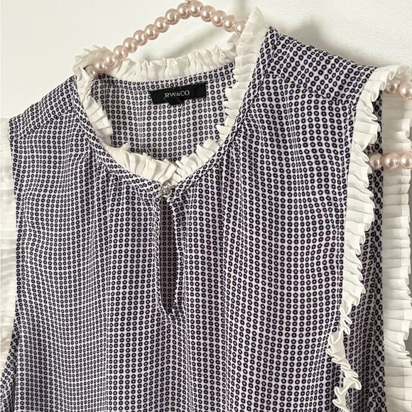 Sleeveless Blue Check Ruffle-Trim Top - Picture 7 of 8